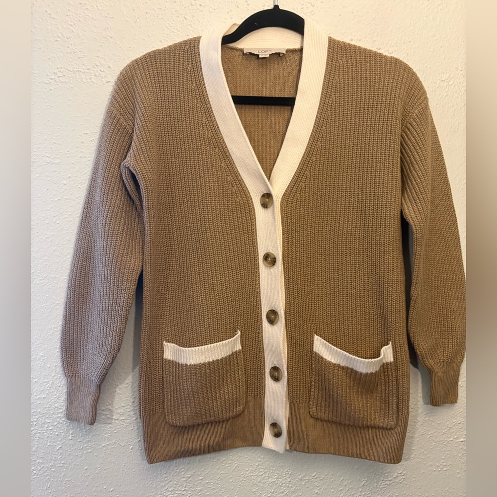 LOFT Brown Cream Trim Button Front Knit Cardigan Sweater Women's Size XS